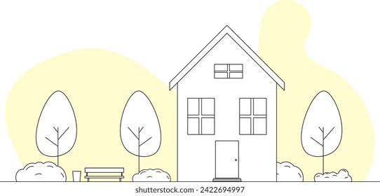 House with trees in doodle style. Linear simple city landscape. Illustration in flat style. House.