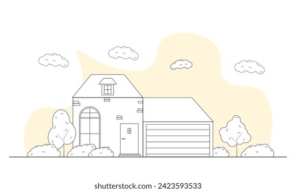 House with trees in doodle style. Linear simple city landscape. Illustration in flat style. House.