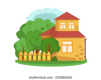 House with trees and a fence. Vector flat illustration.