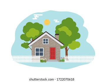 House with trees and flowers. Flat Background. Vector Illustration EPS10