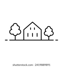 House and trees icon. Black contour linear silhouette. Editable strokes. Front view. Vector simple flat graphic illustration. Isolated object on a white background. Isolate.