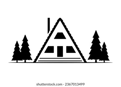 House and trees icon. Camp. Camping. Black silhouette. Front view. Vector simple flat graphic illustration. Isolated object on a white background. Isolate.
