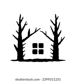 Haus und Bäume Symbol. Eine Hütte im Wald. Schwarze Silhouette. Vorderseite. Vektorgrafik, einfache flache Grafik. Einziger Gegenstand auf weißem Hintergrund. Isolieren.