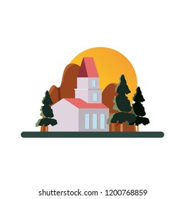 house trees mountain sun sky scene