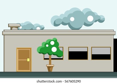 A house with trees on the front and clouds in the sky. Vector flat illustration.