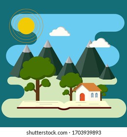 House and trees on opened book with mountains, clouds, brighten sun in blue sky as background. Tale comes true. Concept for illustration, banner, invitation card, greeting card, etc.