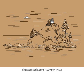 House and trees on a rock in the sea. Island in the middle of the sea. Sketch in craft style .