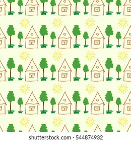 house the trees and the sun drawn by hand