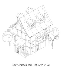 A house with a trees. The house is a two story building with a slanted roof. Isometric view