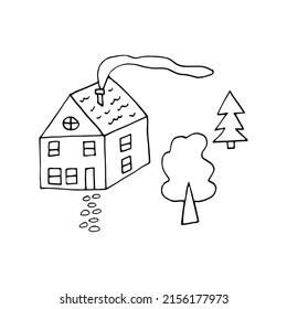 Haus und Bäume. Vektorgrafik, handgezeichnet im Stil von doodline-Kunst