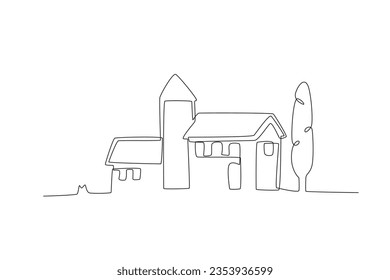 A house and trees. Village one-line drawing