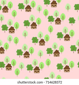House with trees village seamless pattern on bright pink background