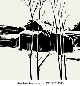 Casa y árboles en el paisaje invernal dibujando ilustración vectorial en blanco y negro. Esbozo, panorámico bruto, vintage.