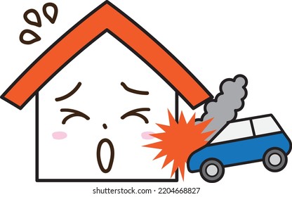 A house with a troubled expression after an accident in which a car crashes into the house