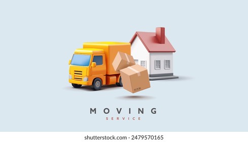 House, truck, boxes, 3D, Banner for moving services, delivery, furniture, goods, and products concepts. Vector