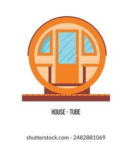 House tube in the shape of a cylinder. Camping house, glamping capsule. Portable modular cozy tiny house.