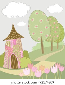 house and tulips in a magical land