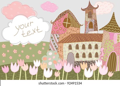 house and tulips in a magical land card