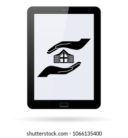 House in  two hands  vector icon on a realistic tablet. Flat design style