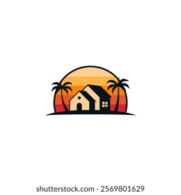 A house with two palm trees in front of a sunset background