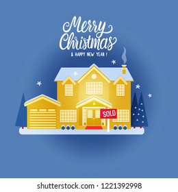 House two story cottage for sale. Sold sign. Flat Vector illustration on blue background. Winter magical night exterior. Merry Christmas and Happy New Year. Dream Home. Bright rich yellow color.
