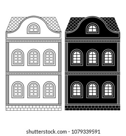 House. Two-storey building. Flat black and outline drawing. Vector illustration isolated on white background