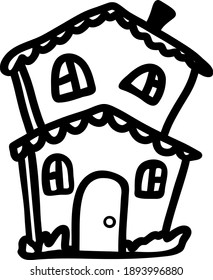 La casa tiene dos pisos, garabato. Ilustración del vector de contorno. Esbozo dibujado a mano en blanco y negro. Libro de colorear, plantilla para el diseño, disposición, dibujo infantil de la casa.