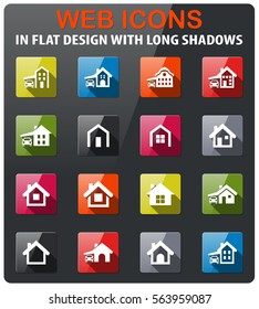 house type icons set in flat design with long shadow