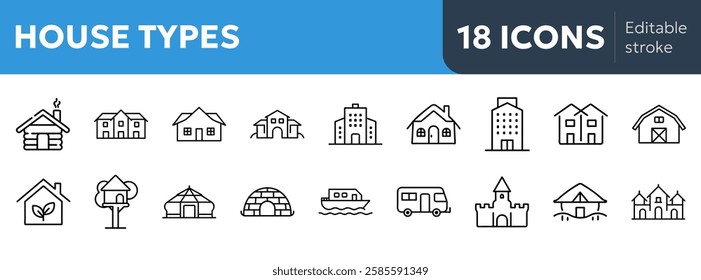 house type real estate icons including single-family home, apartment building, townhouse, villa, cottage, log cabin, tiny house, mansion