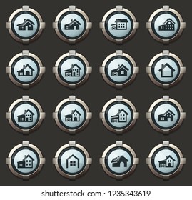 house type vector icons in the stylish round buttons for mobile applications and web