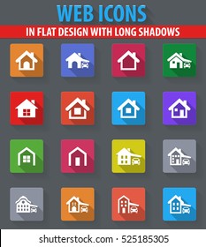house type web icons in flat design with long shadows