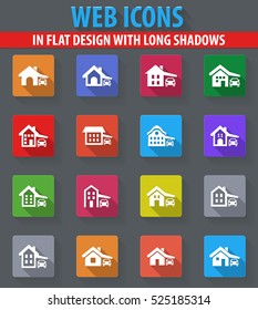 house type web icons in flat design with long shadows