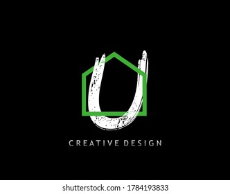 House U Letter Logo. Green House Shape Interlock With Grungy Letter U Design, Real Estate Architecture Construction Icon Design.