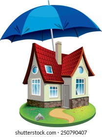 House under blue umbrella. umbrella saving small house with a roof.