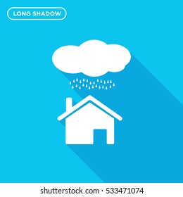 House under cloud icon illustration isolated vector, raining sign symbol in long shadow style on blue background