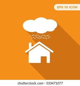 House under cloud icon illustration isolated vector, raining sign symbol in long shadow style on orange background