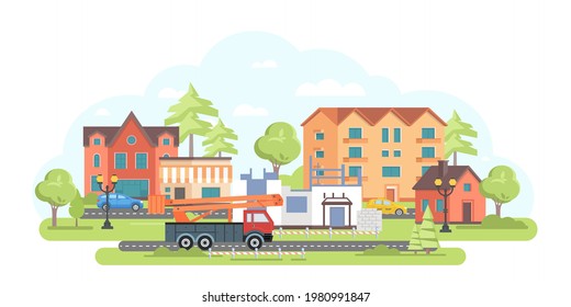 Casa en construcción - ilustración de diseño plano. Paisaje con calle de la ciudad, calle, farolillos, cafetería. Imagen de un ascensor. Una composición con un sitio de construcción. Inmobiliaria, idea del sector