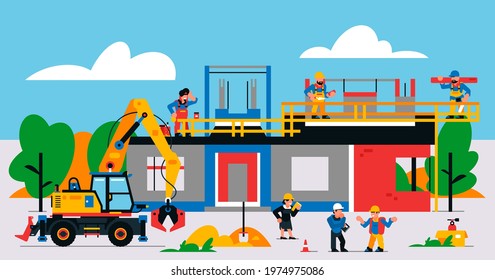 The house is under construction. Construction site with heavy machinery and workers. Builders, transport, building site, unfinished house, tools, people, sand, excavator. Vector illustration.