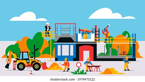 The house is under construction. Construction site with heavy machinery and workers. Builders, transport, building site, unfinished house, tools, people, sand, excavator, tractor. Vector illustration.