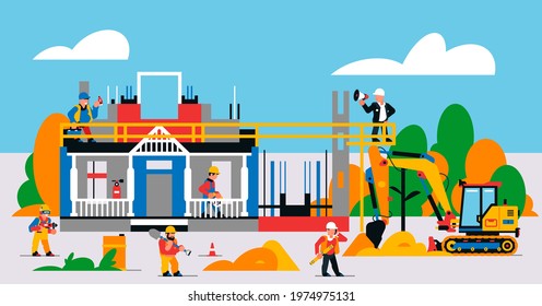 The house is under construction. Construction site with heavy machinery and workers. Builders, transport, building site, unfinished house, tools, people, sand, excavator. Vector illustration.