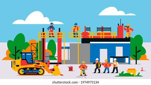 The house is under construction. Construction site with heavy machinery and workers. Builders, transport, building site, unfinished house, tools, people, sand, bulldozer. Vector illustration.