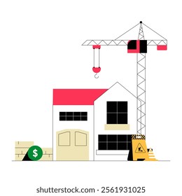 House Under Construction With Tower Crane And Dollar Sign In Flat Vector Illustration Symbolizing Real Estate Development And Building Projects, Isolated On White Background
