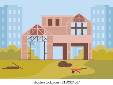 house under construction with wheelbarrow scene
