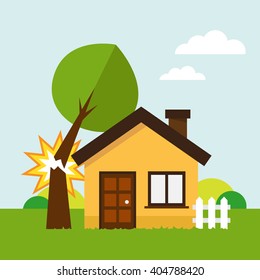 House under fallen tree. Vector illustration.