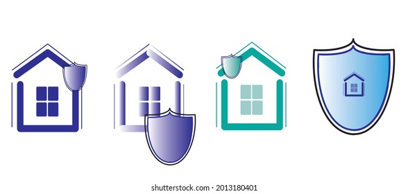 The house is under guard, the symbol of the shield. Protection and defense, property insurance. A set of house and shield symbols.