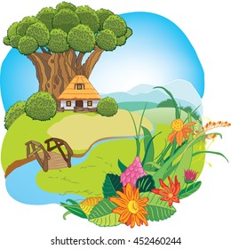 house under a large tree on the fabulous hill, river, bridge and flowers, vector illustration