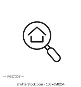 house under magnifying glass icon, line sign on white background - editable stroke vector illustration eps10