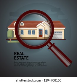 House under magnifying glass. Vector illustration of real estate concept with magnifying glass and your dream house. Suitable for posters, flyers or advertisement of real estate agents and location.