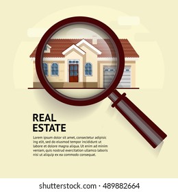House under magnifying glass. Vector illustration of real estate concept with magnifying glass and your dream house. Suitable for posters, flyers or advertisement of real estate agents and location. 