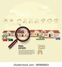House under magnifying glass. Vector illustration of real estate concept with magnifying glass, icons and  house. Suitable for posters, flyers or advertisement of real estate agents and location. 